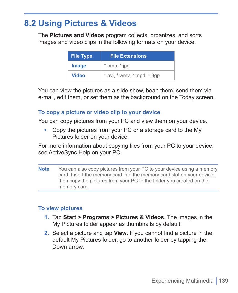 2 using pictures & videos | HTC WIZA100 User Manual | Page 139 / 192