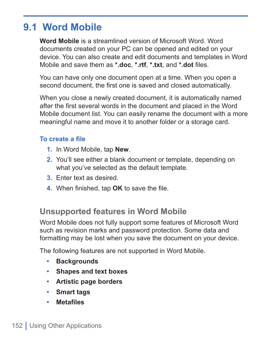 1 word mobile, Unsupported features in word mobile | HTC WIZA100 User Manual | Page 152 / 192