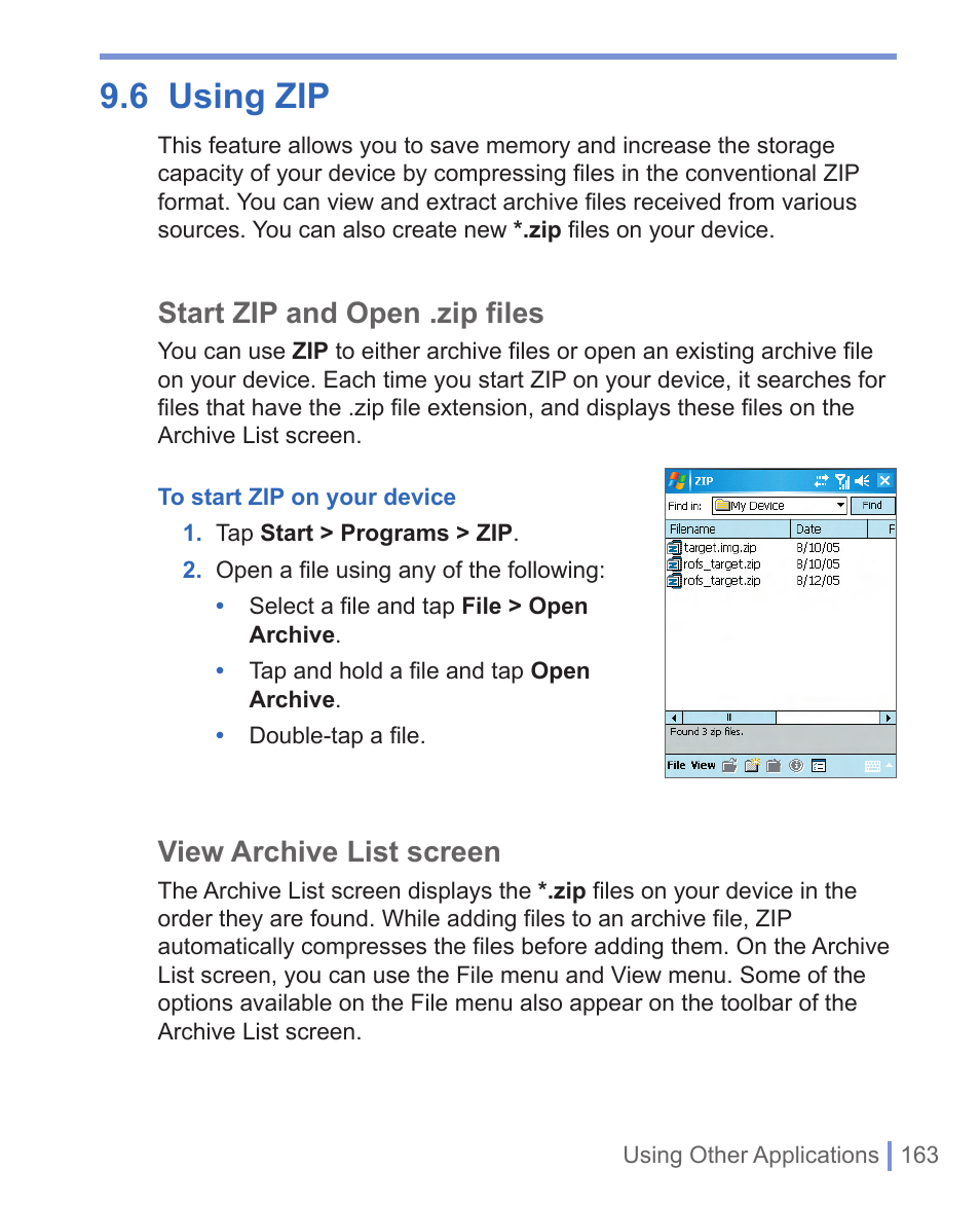 6 using zip, Start zip and open .zip files, View archive list screen | HTC WIZA100 User Manual | Page 163 / 192