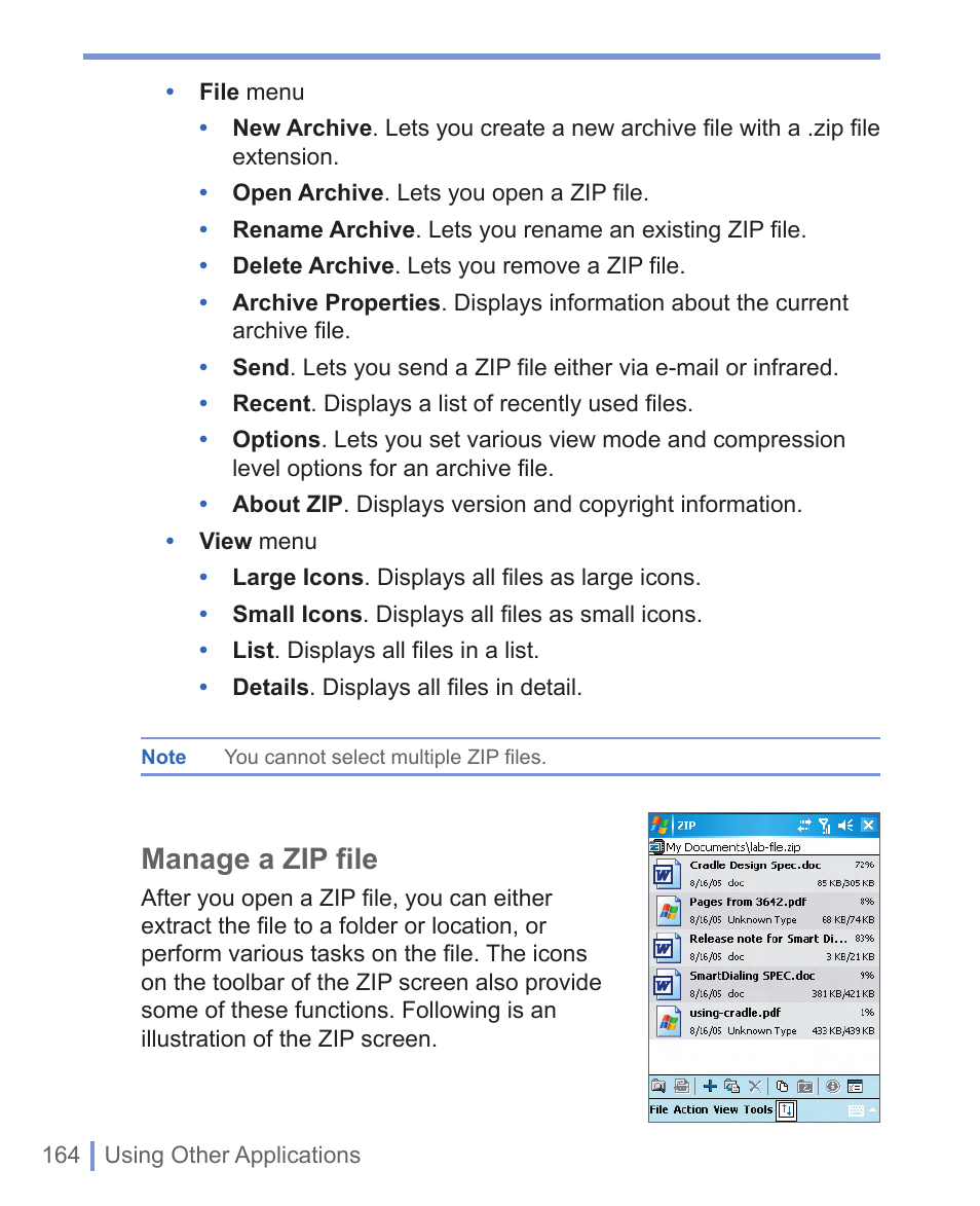 Manage a zip file | HTC WIZA100 User Manual | Page 164 / 192