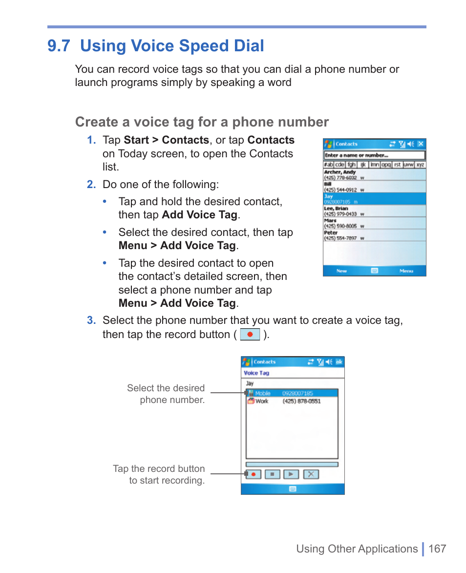 7 using voice speed dial, Create a voice tag for a phone number | HTC WIZA100 User Manual | Page 167 / 192