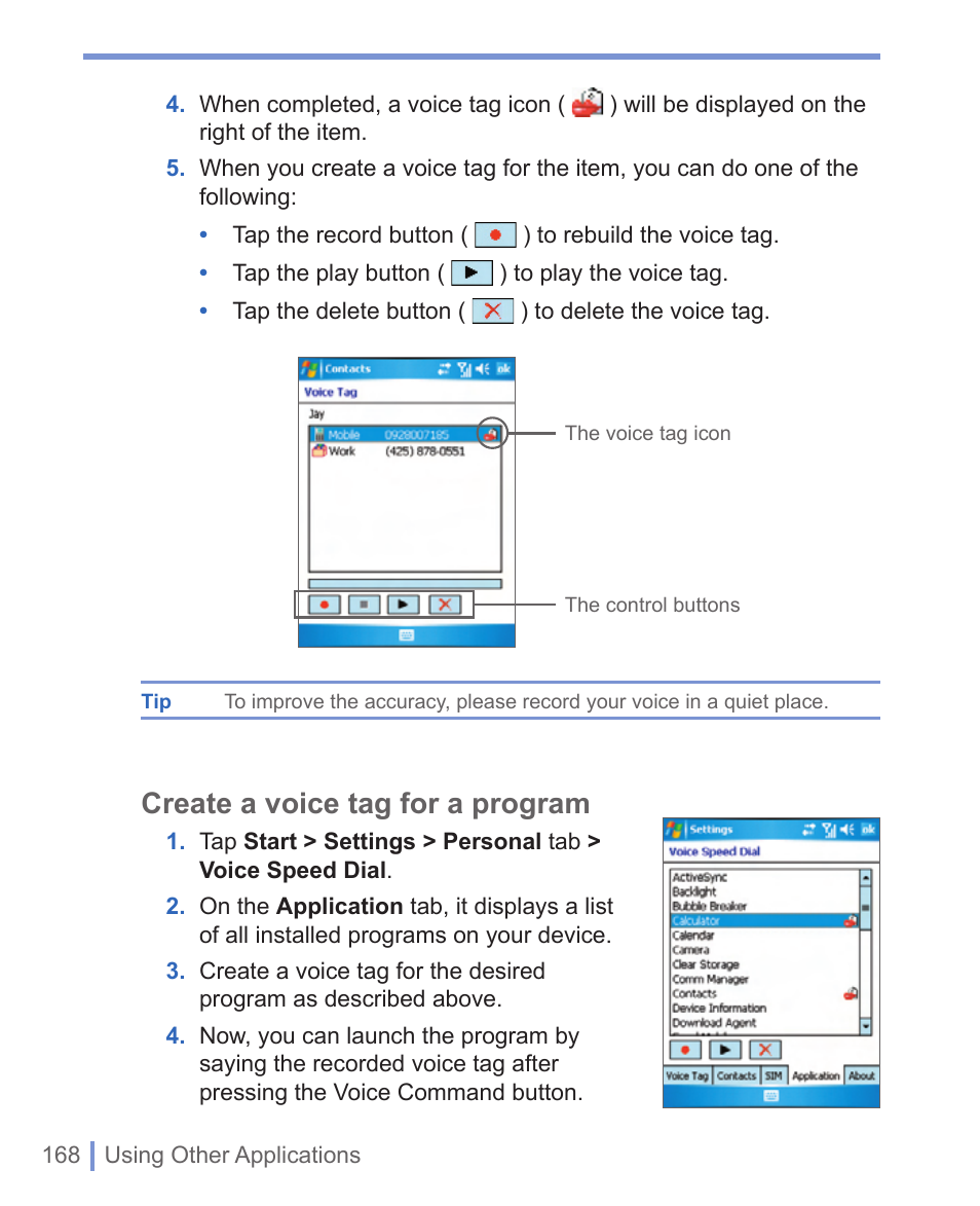 Create a voice tag for a program | HTC WIZA100 User Manual | Page 168 / 192