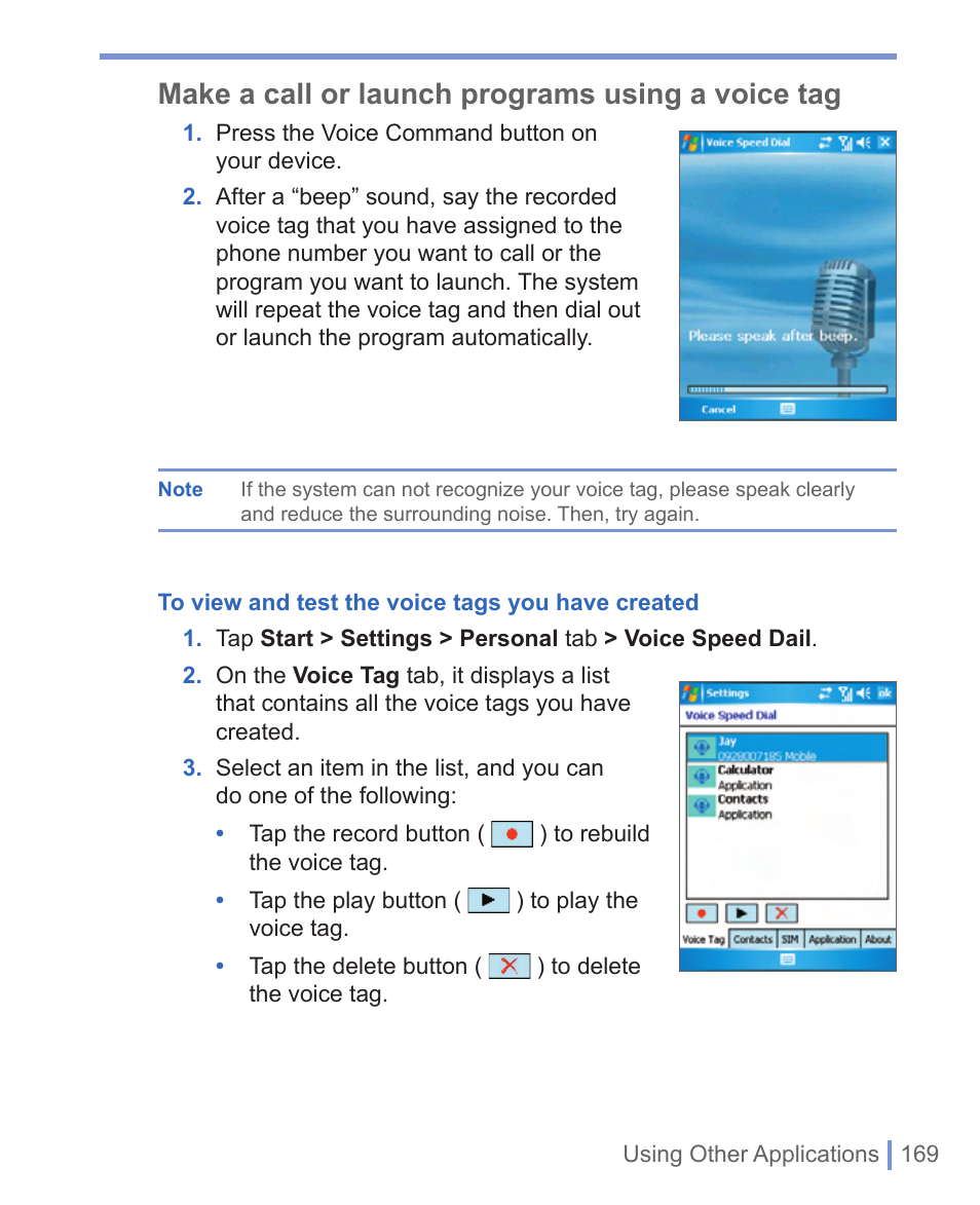 Make a call or launch programs using a voice tag | HTC WIZA100 User Manual | Page 169 / 192