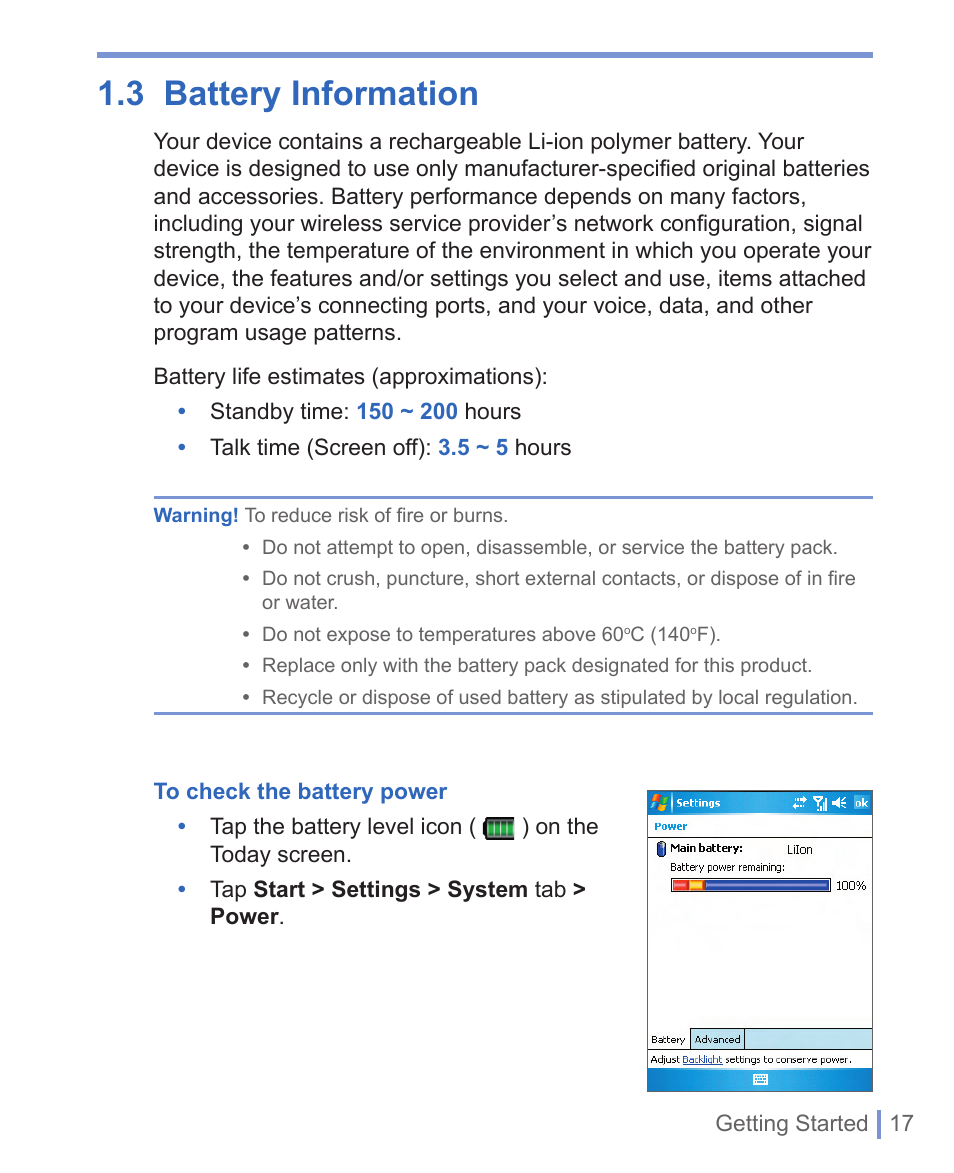 3 battery information | HTC WIZA100 User Manual | Page 17 / 192