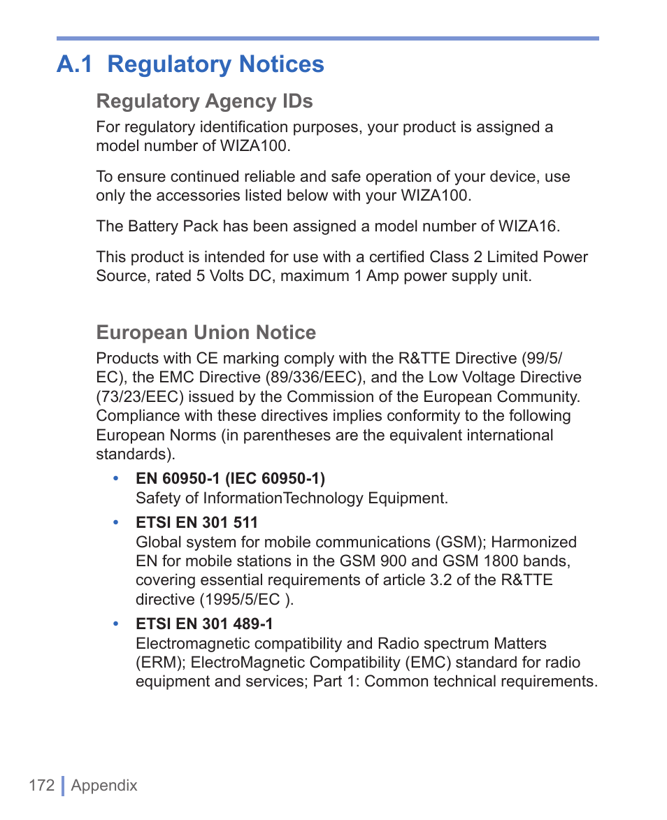 A.1 regulatory notices, Regulatory agency ids, European union notice | HTC WIZA100 User Manual | Page 172 / 192