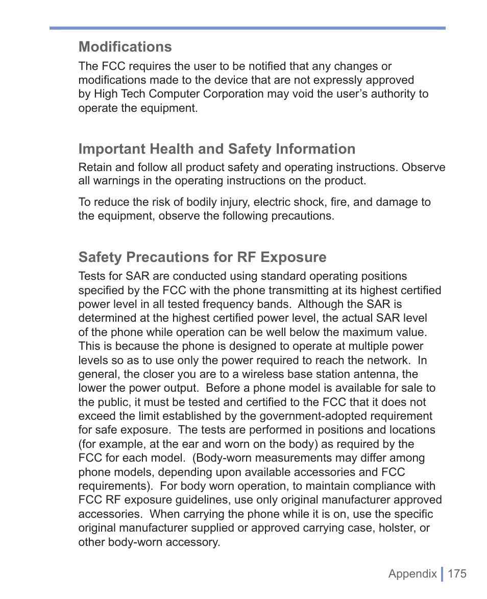 Modifications, Important health and safety information, Safety precautions for rf exposure | HTC WIZA100 User Manual | Page 175 / 192