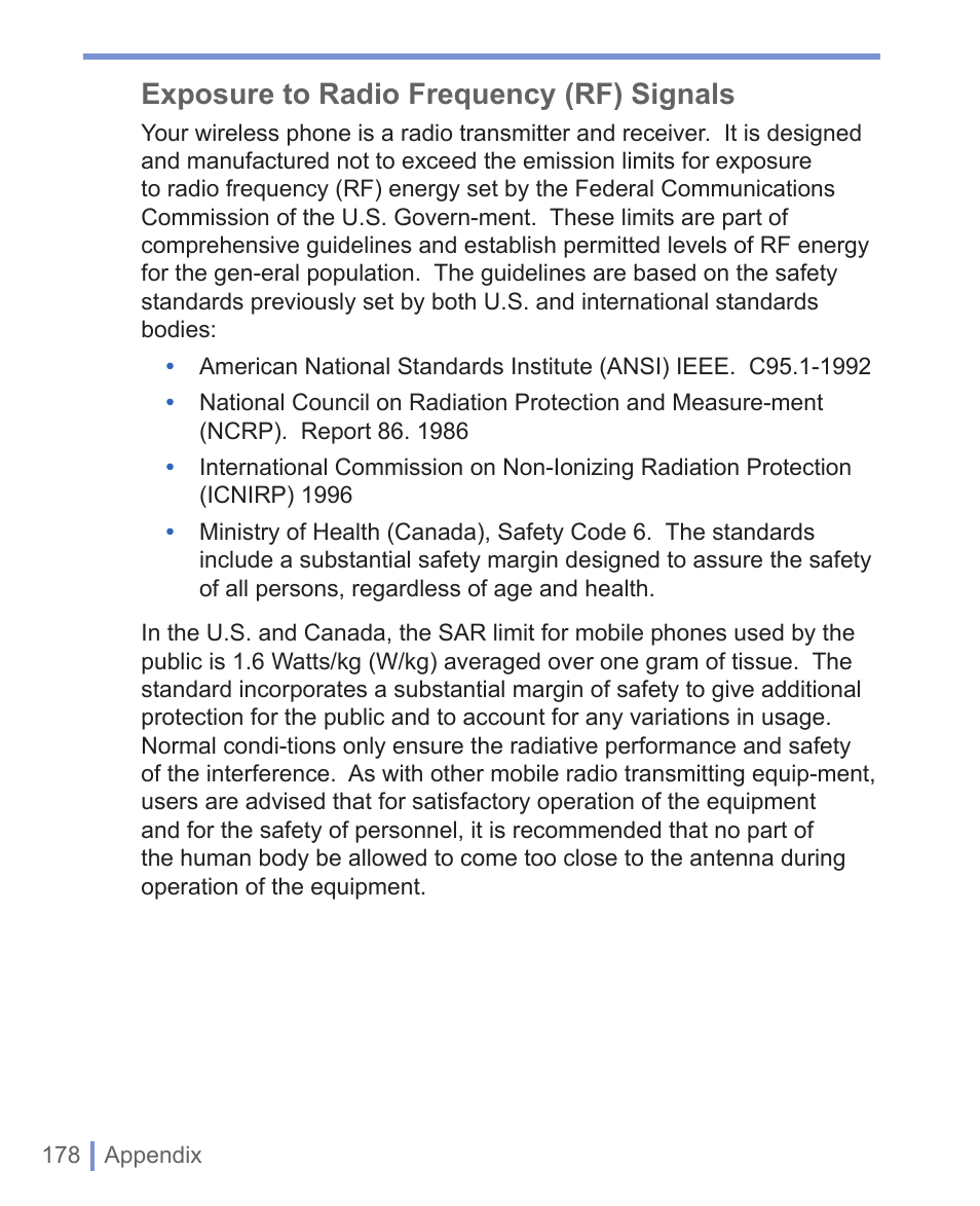 Exposure to radio frequency (rf) signals | HTC WIZA100 User Manual | Page 178 / 192
