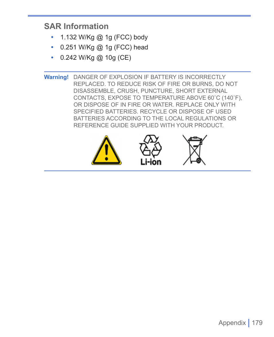 Sar information | HTC WIZA100 User Manual | Page 179 / 192