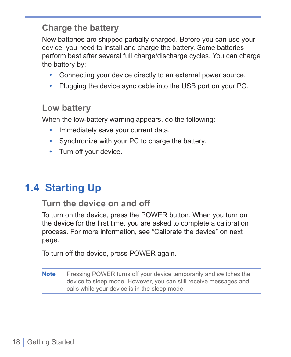 4 starting up, Charge the battery, Low battery | Turn the device on and off | HTC WIZA100 User Manual | Page 18 / 192