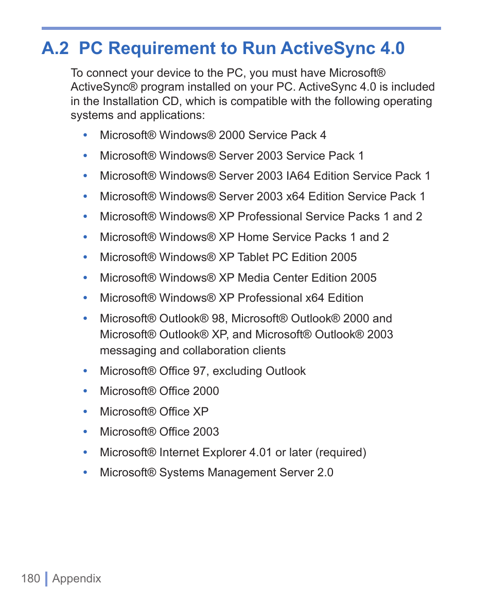 A.2 pc requirement to run activesync 4.0 | HTC WIZA100 User Manual | Page 180 / 192