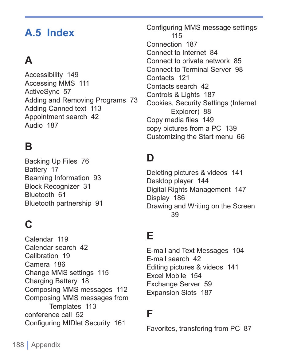 A.5 index a | HTC WIZA100 User Manual | Page 188 / 192