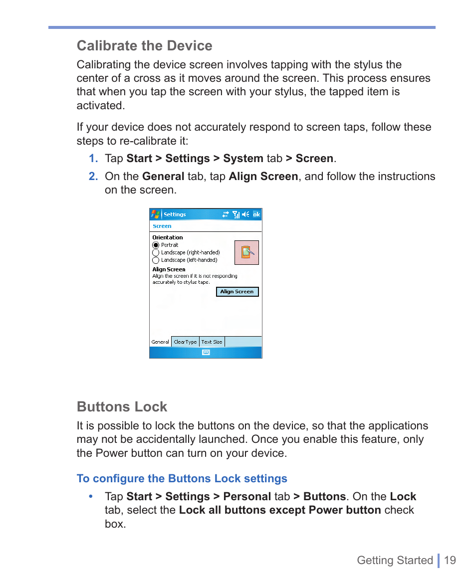 Calibrate the device, Buttons lock | HTC WIZA100 User Manual | Page 19 / 192