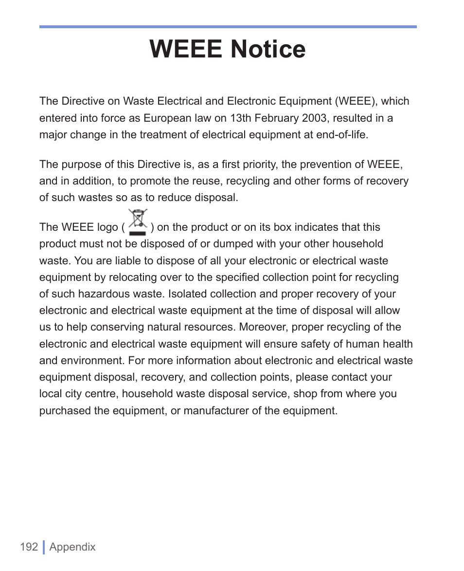Weee notice | HTC WIZA100 User Manual | Page 192 / 192
