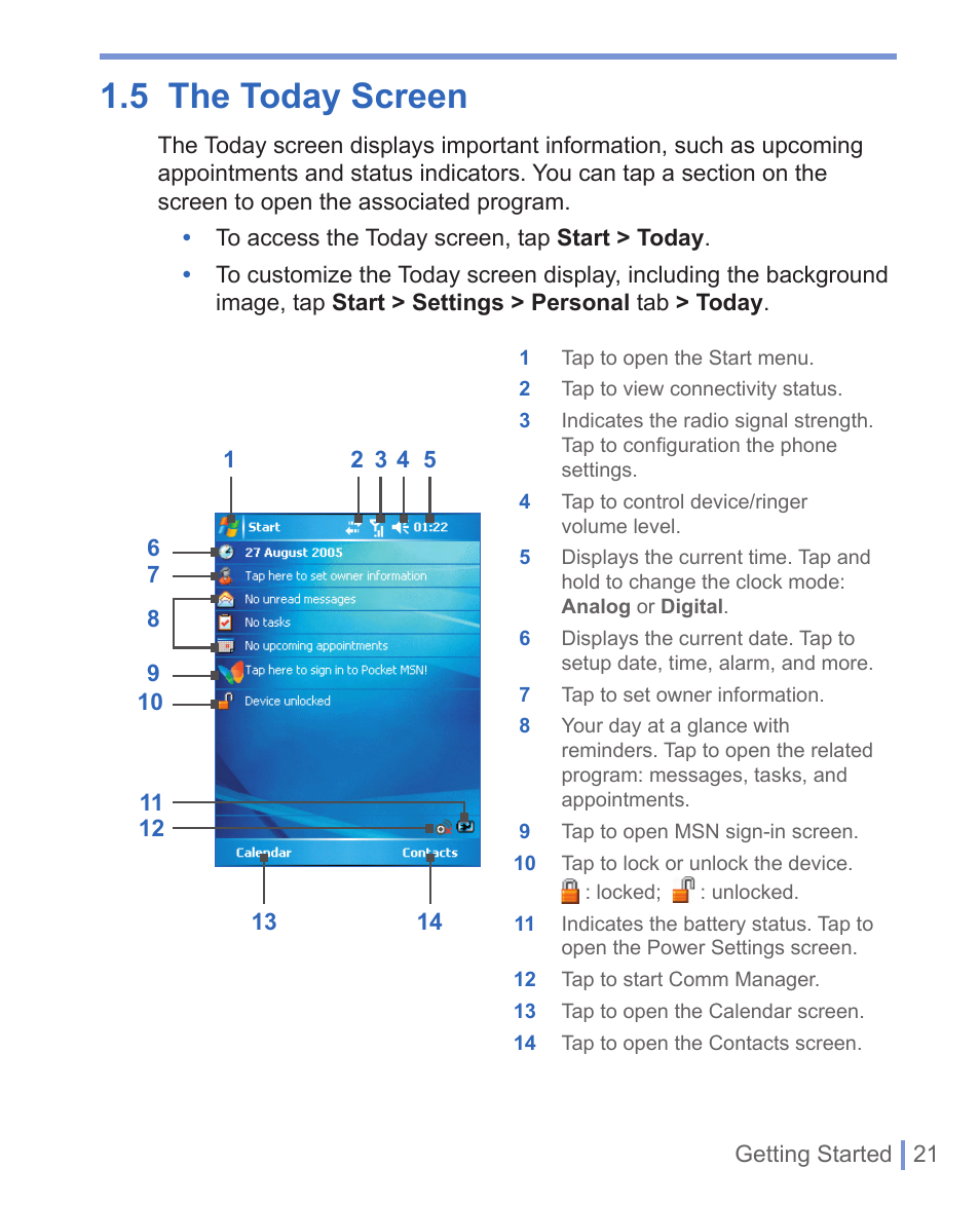 5 the today screen | HTC WIZA100 User Manual | Page 21 / 192