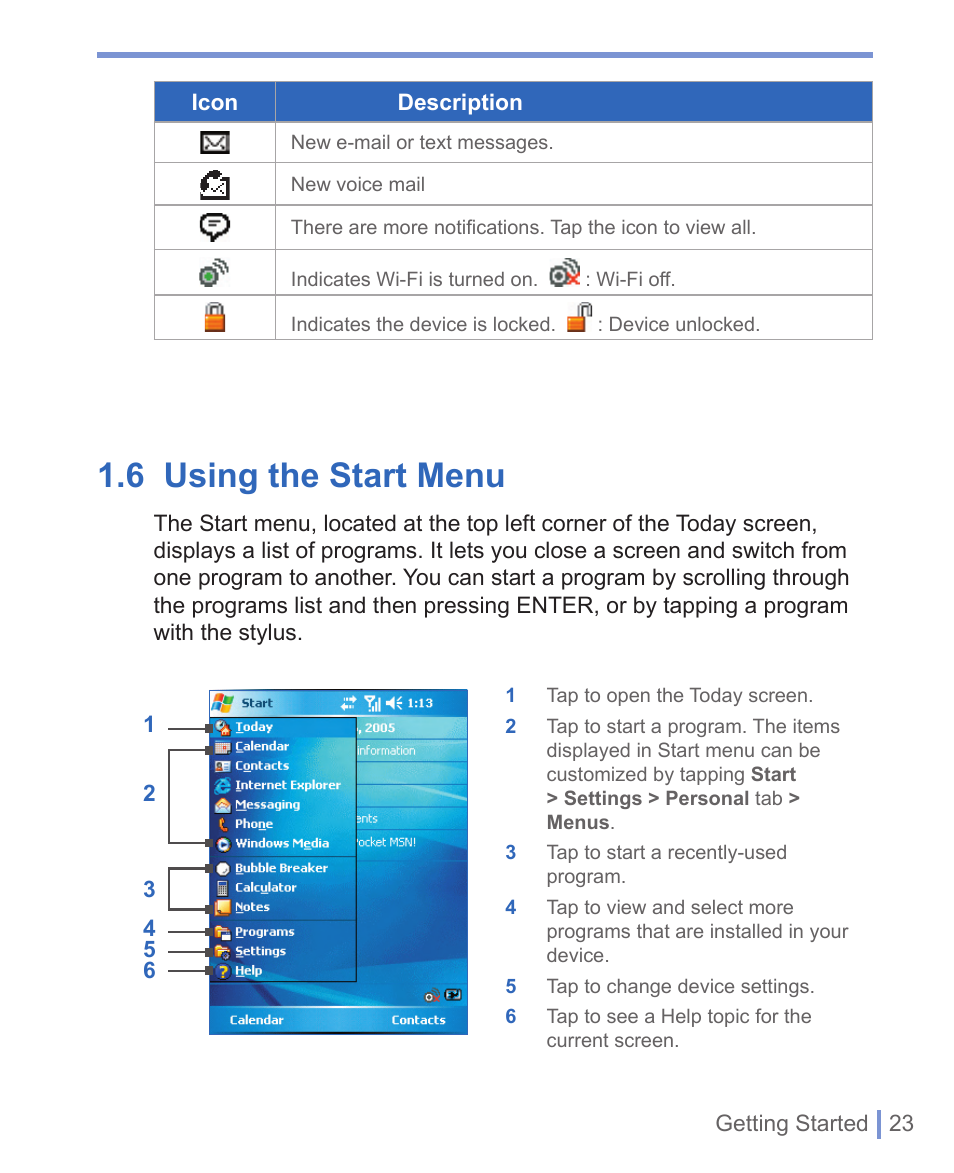 6 using the start menu | HTC WIZA100 User Manual | Page 23 / 192