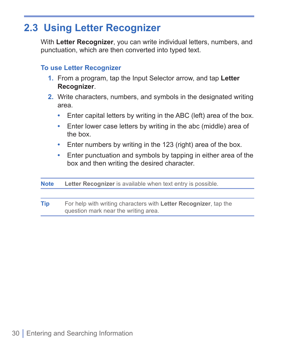 3 using letter recognizer | HTC WIZA100 User Manual | Page 30 / 192