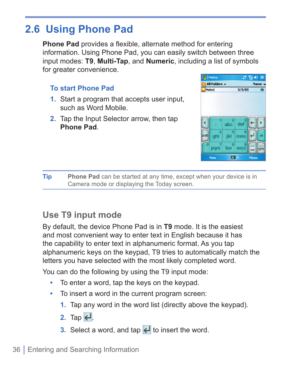 6 using phone pad, Use t9 input mode | HTC WIZA100 User Manual | Page 36 / 192