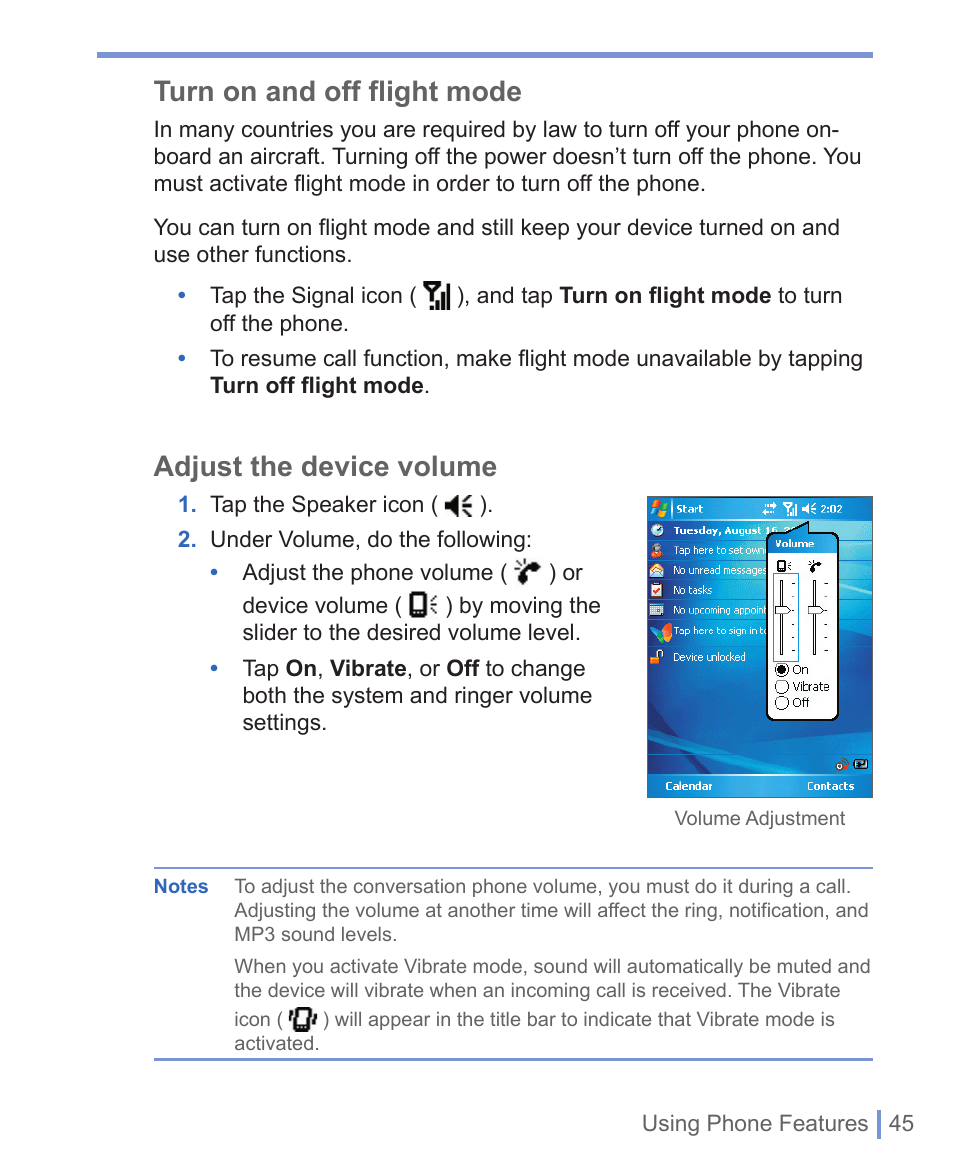 Turn on and off flight mode, Adjust the device volume | HTC WIZA100 User Manual | Page 45 / 192
