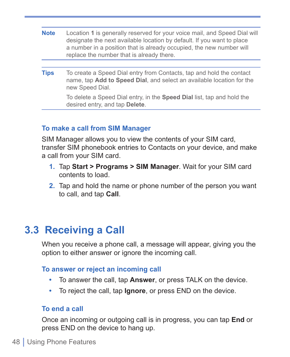 3 receiving a call | HTC WIZA100 User Manual | Page 48 / 192