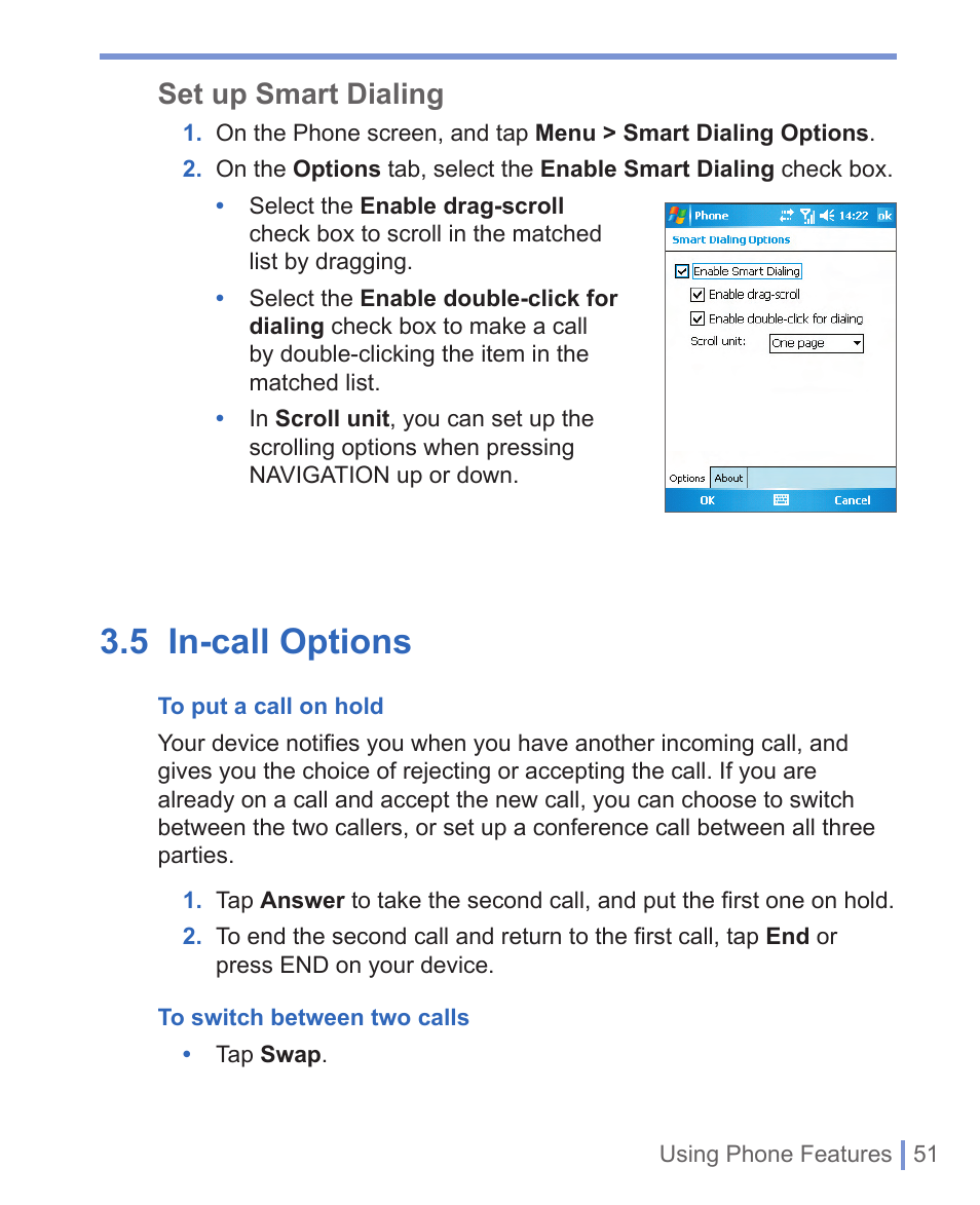 5 in-call options, Set up smart dialing | HTC WIZA100 User Manual | Page 51 / 192