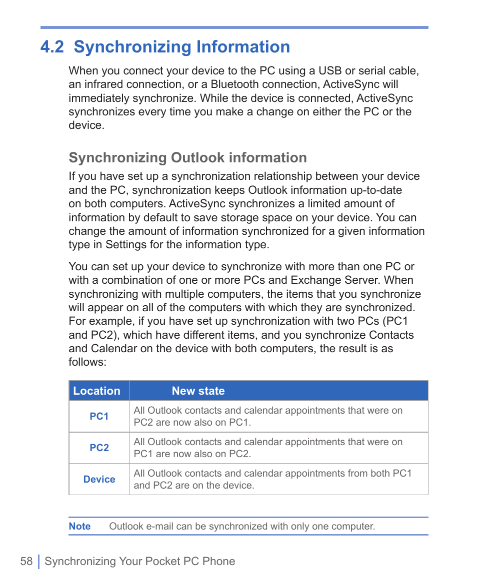 2 synchronizing information, Synchronizing outlook information | HTC WIZA100 User Manual | Page 58 / 192