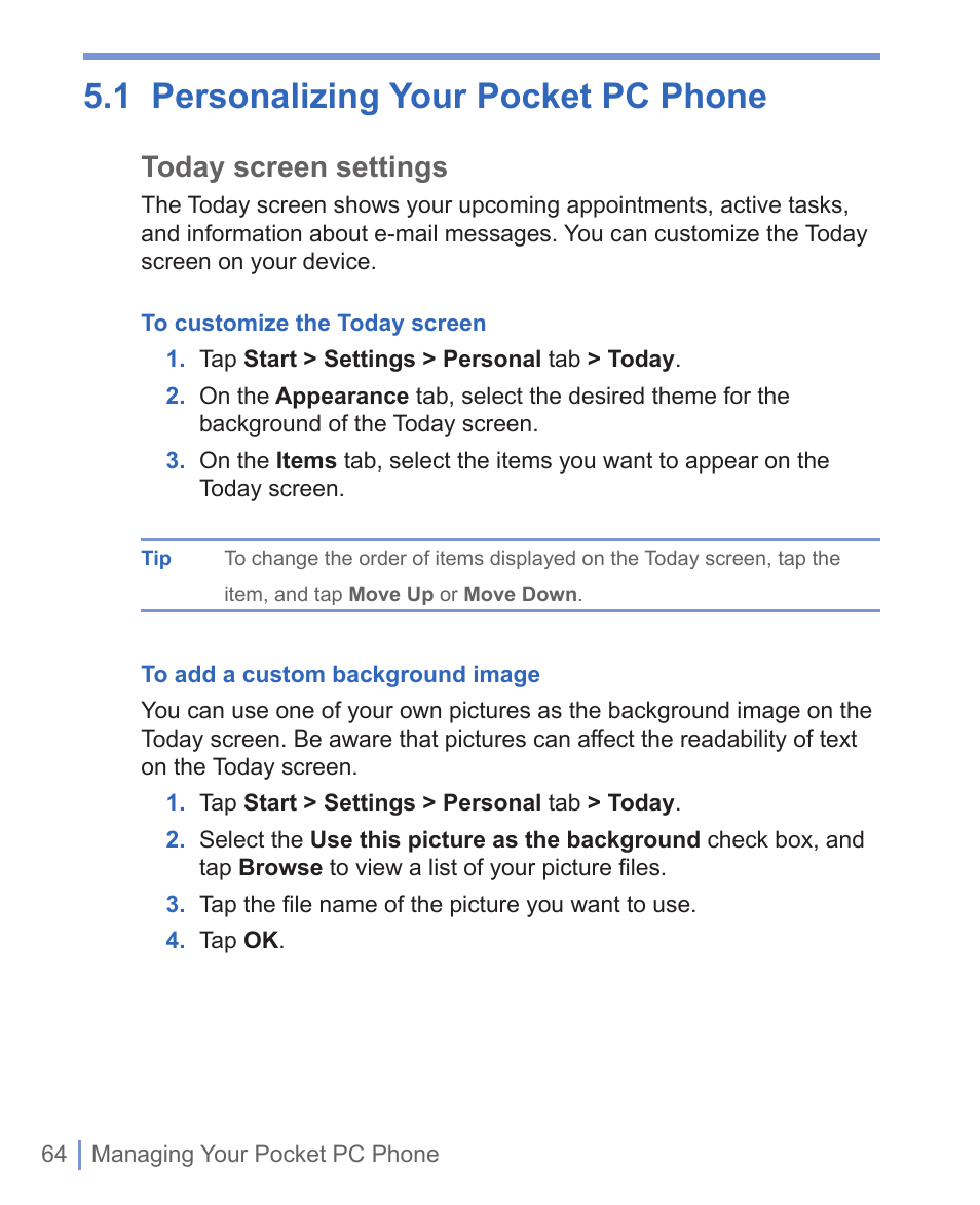 1 personalizing your pocket pc phone, Today screen settings | HTC WIZA100 User Manual | Page 64 / 192