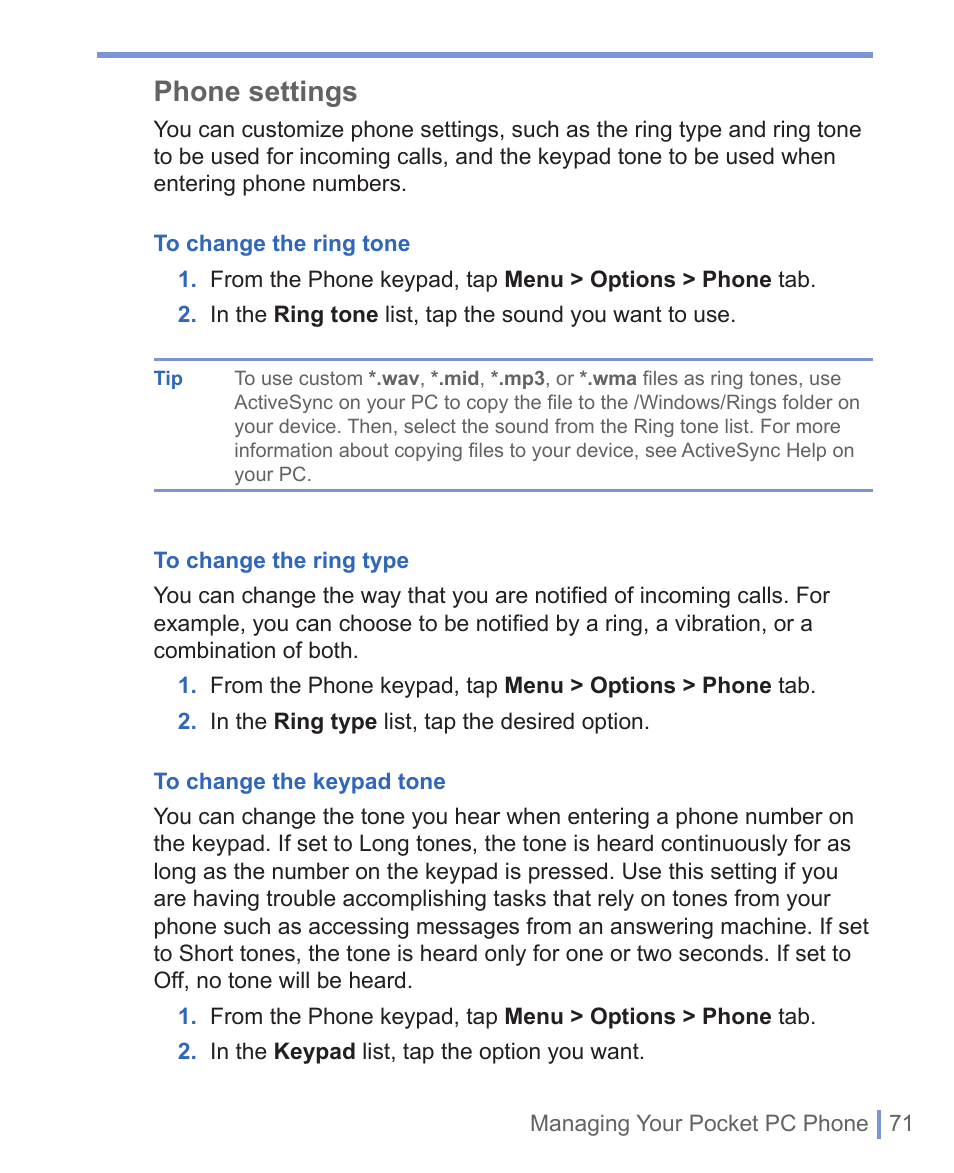 Phone settings | HTC WIZA100 User Manual | Page 71 / 192