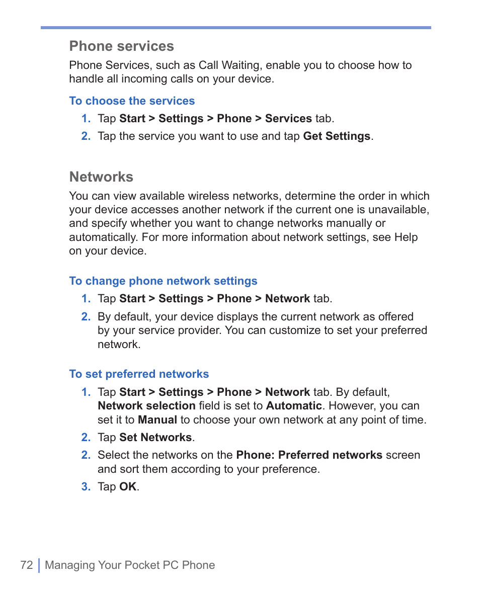 Phone services, Networks | HTC WIZA100 User Manual | Page 72 / 192