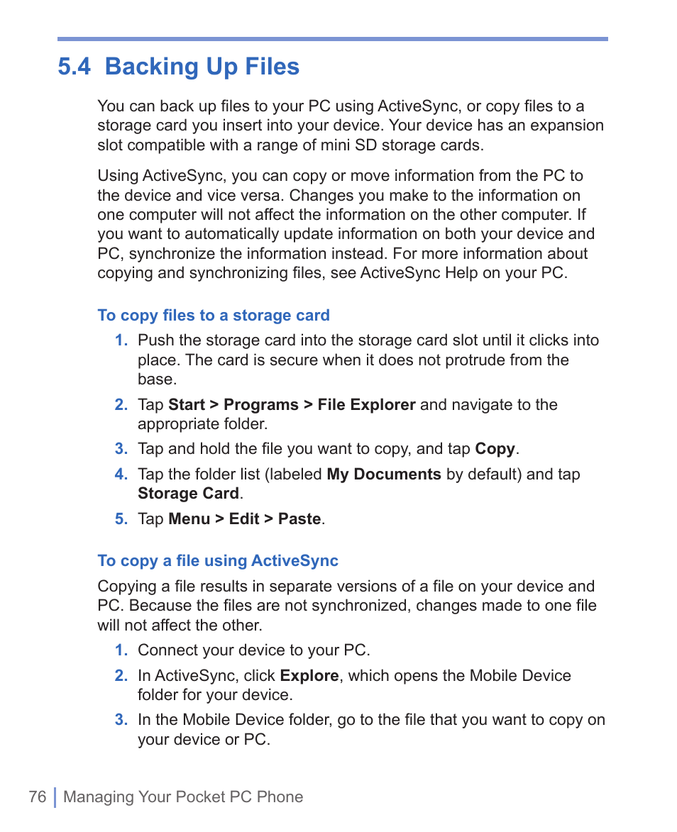 4 backing up files | HTC WIZA100 User Manual | Page 76 / 192