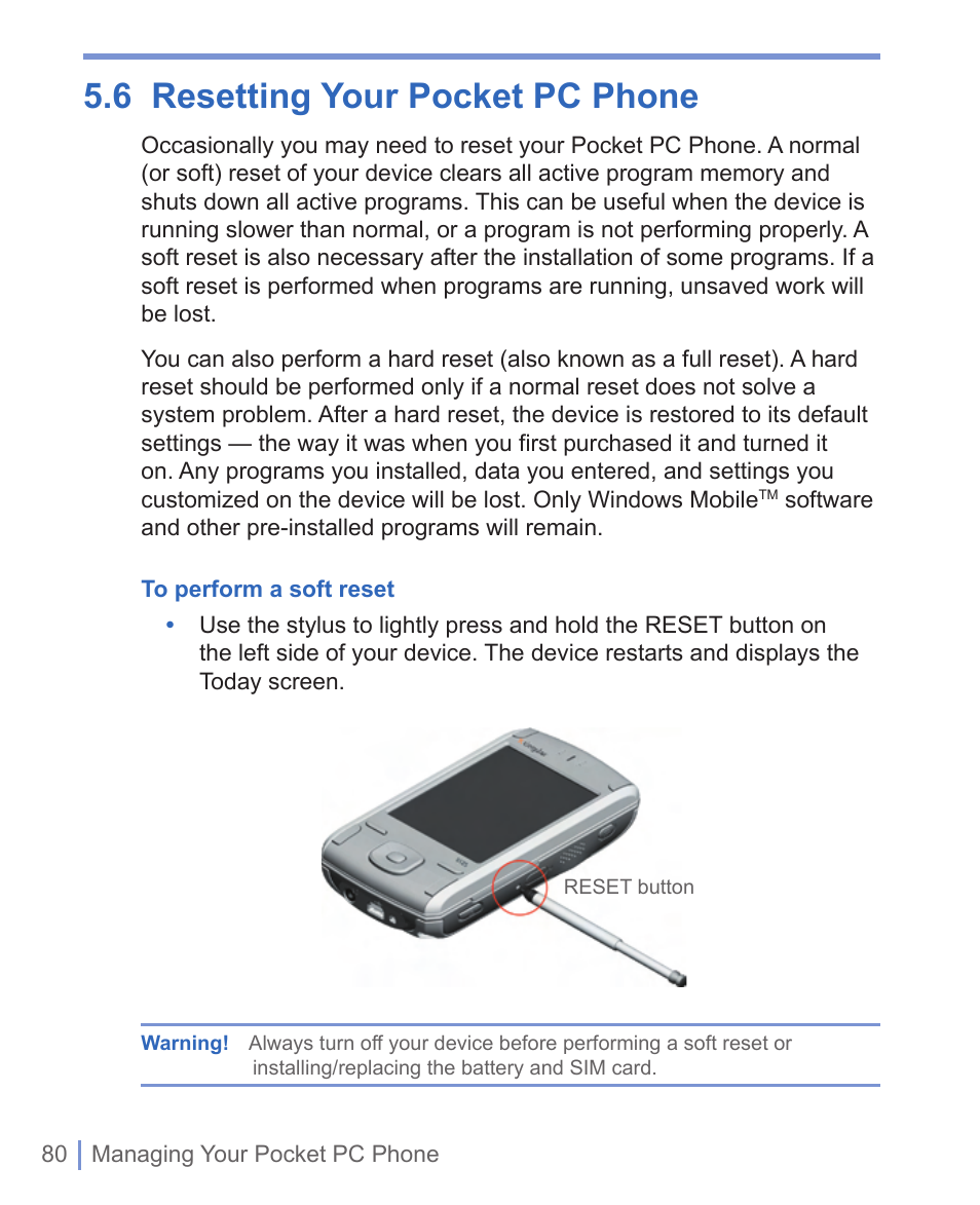 6 resetting your pocket pc phone | HTC WIZA100 User Manual | Page 80 / 192