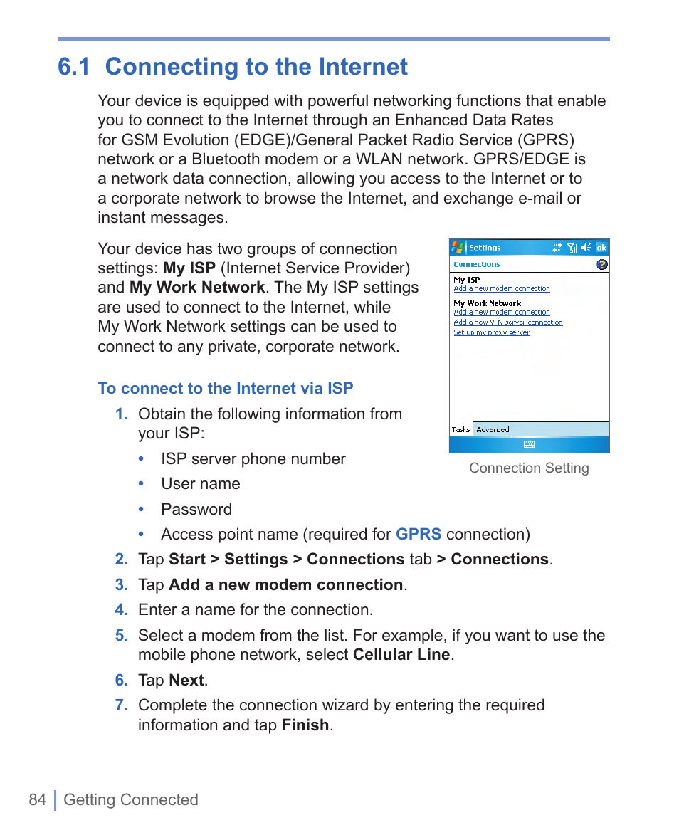 1 connecting to the internet | HTC WIZA100 User Manual | Page 84 / 192