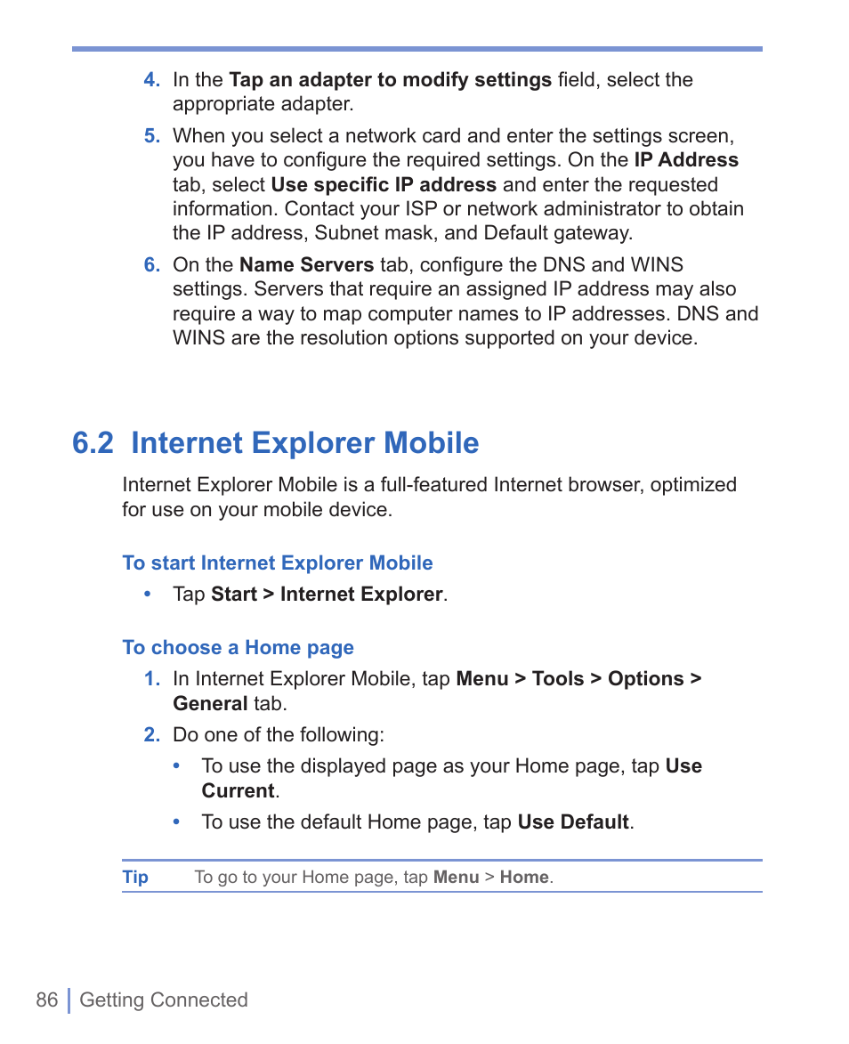 2 internet explorer mobile | HTC WIZA100 User Manual | Page 86 / 192