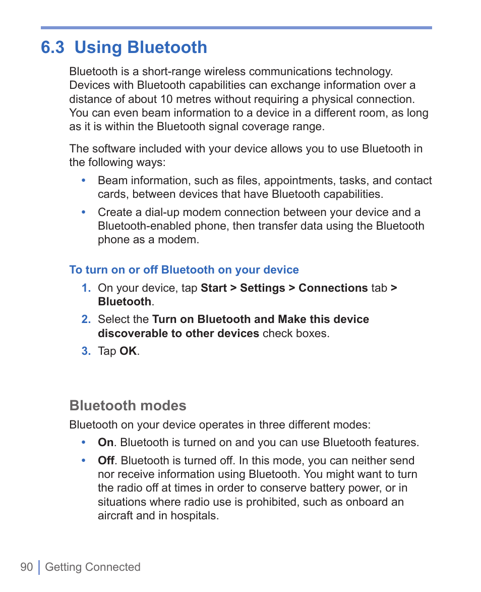 3 using bluetooth, Bluetooth modes | HTC WIZA100 User Manual | Page 90 / 192