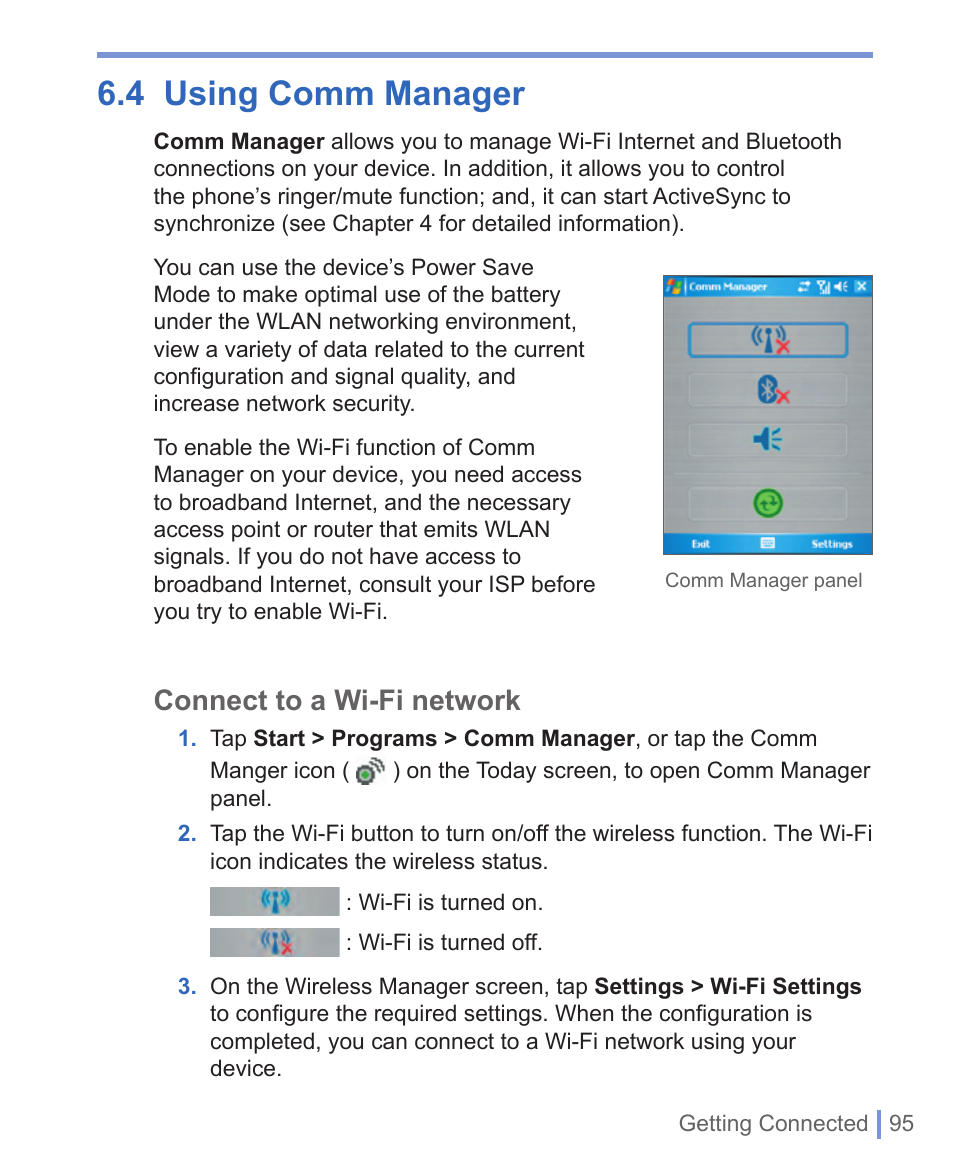 4 using comm manager, Connect to a wi-fi network | HTC WIZA100 User Manual | Page 95 / 192