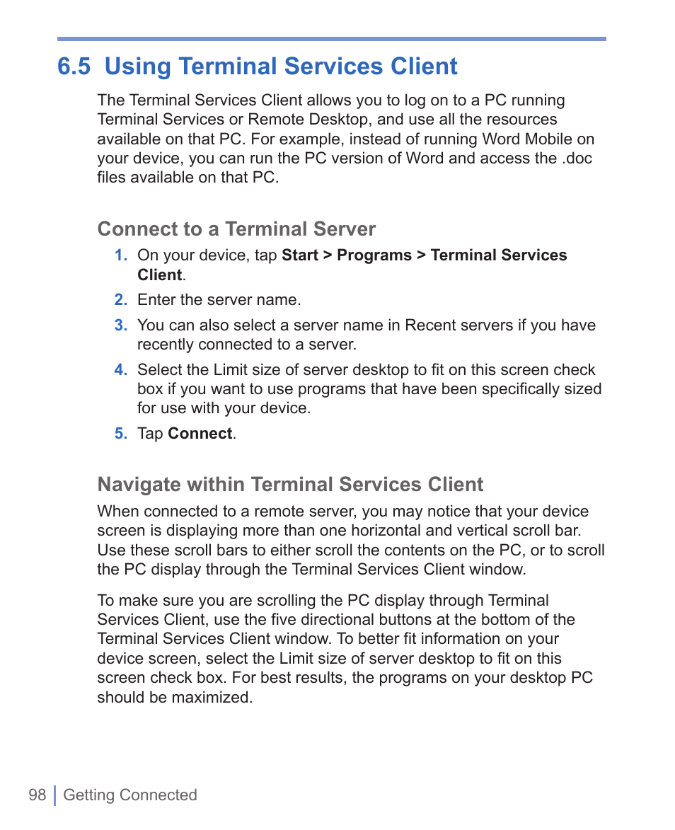 5 using terminal services client, Connect to a terminal server, Navigate within terminal services client | HTC WIZA100 User Manual | Page 98 / 192