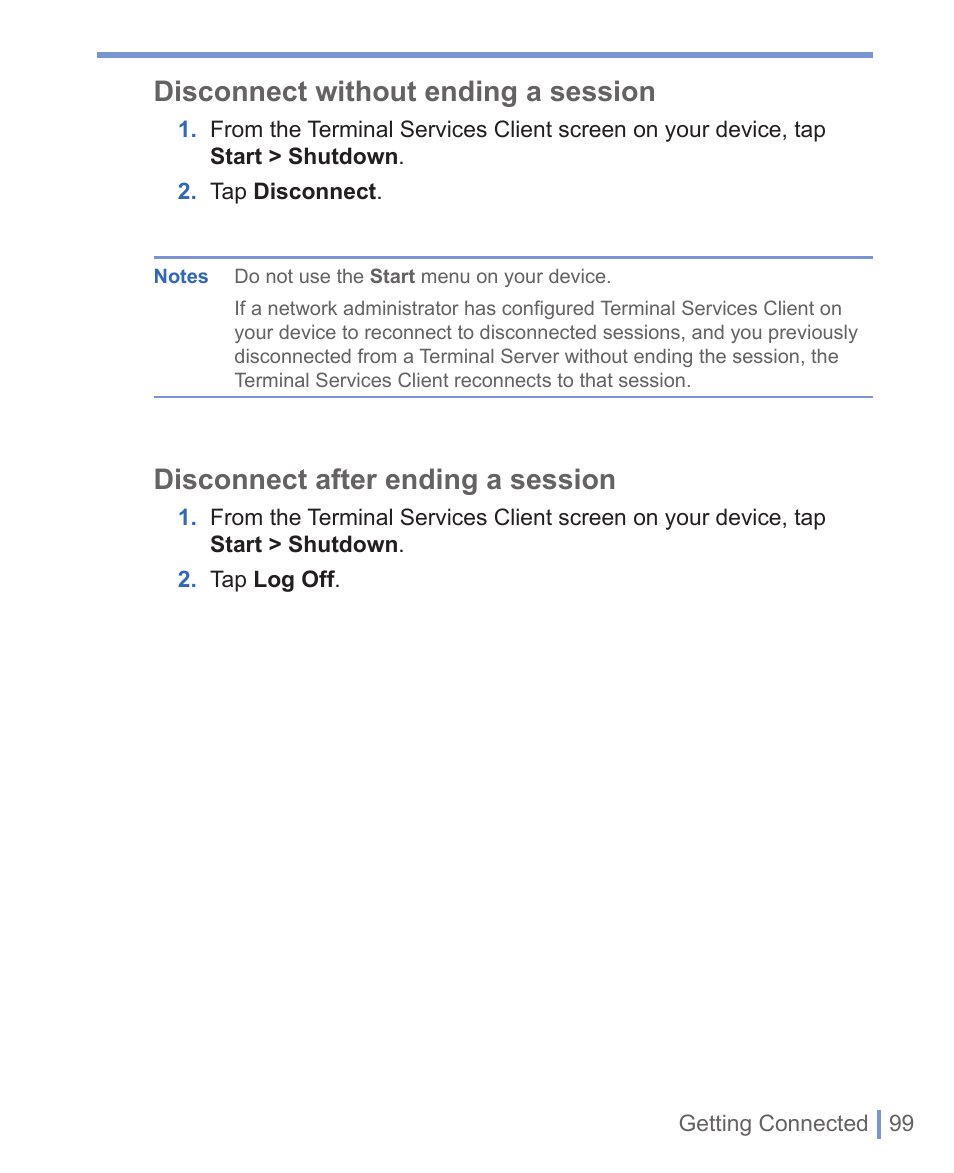 Disconnect without ending a session, Disconnect after ending a session | HTC WIZA100 User Manual | Page 99 / 192