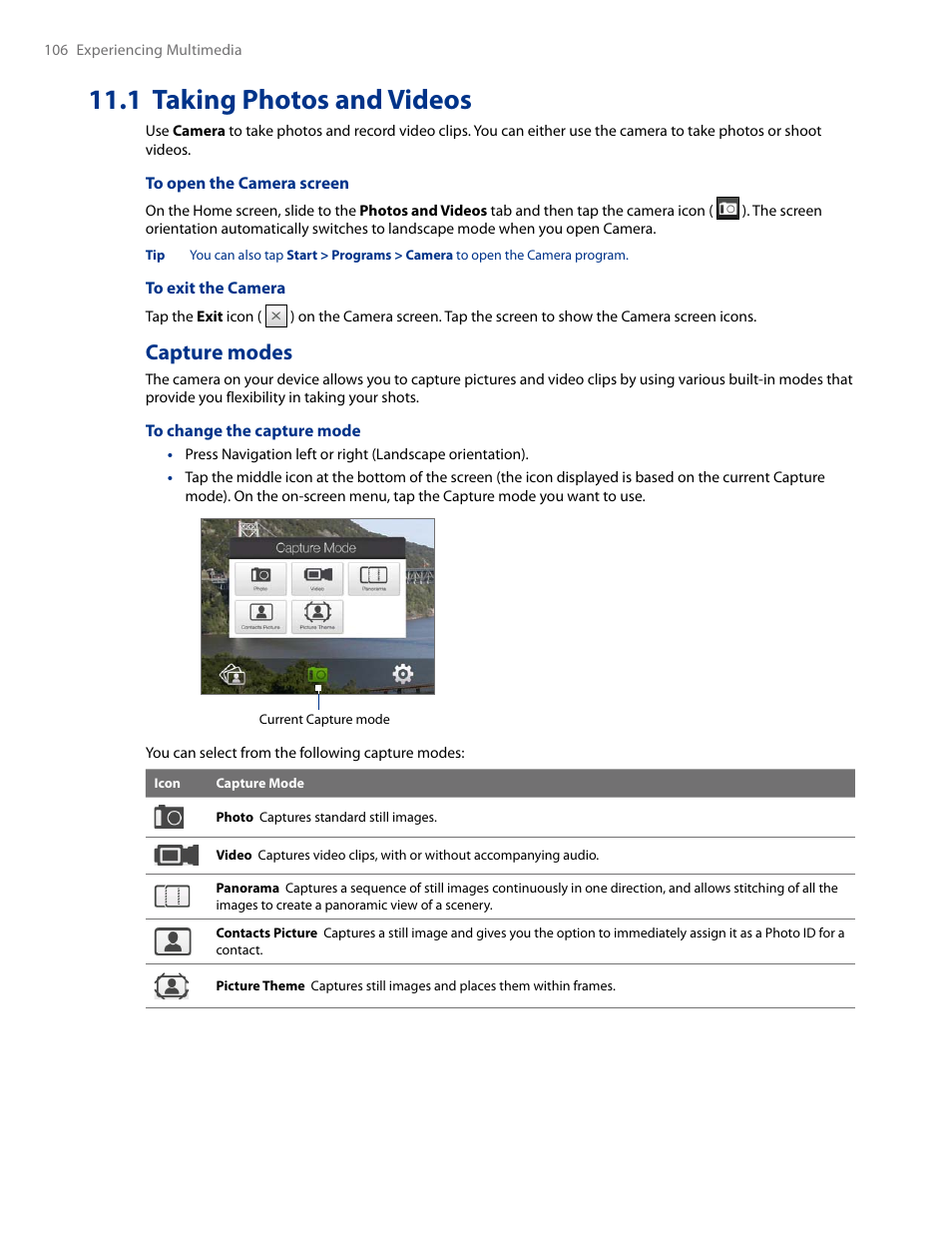 1 taking photos and videos, Capture modes | HTC AM171 User Manual | Page 106 / 158