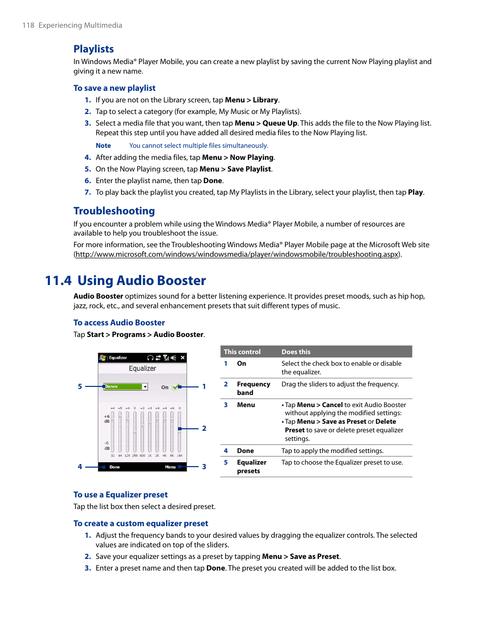 4 using audio booster, Playlists troubleshooting, Playlists | Troubleshooting | HTC AM171 User Manual | Page 118 / 158