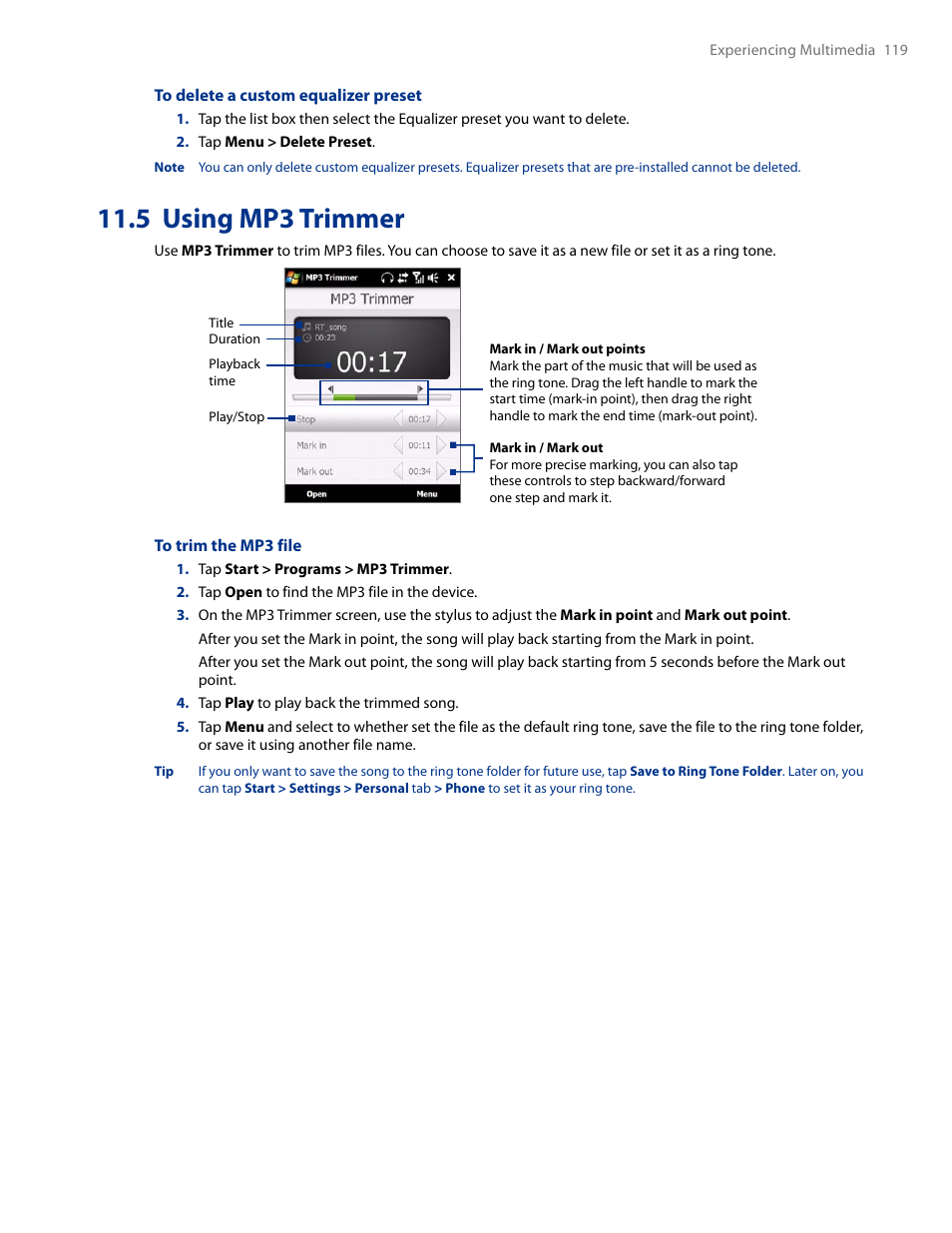 5 using mp3 trimmer | HTC AM171 User Manual | Page 119 / 158