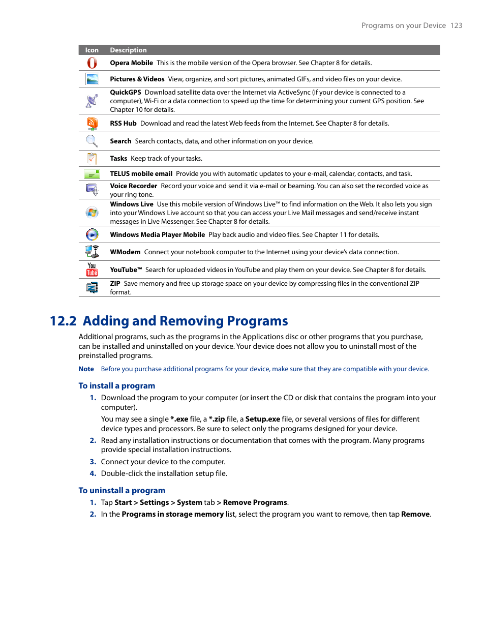 2 adding and removing programs | HTC AM171 User Manual | Page 123 / 158