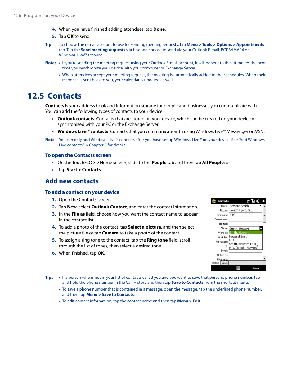 5 contacts, Add new contacts 6, Add new contacts | HTC AM171 User Manual | Page 126 / 158