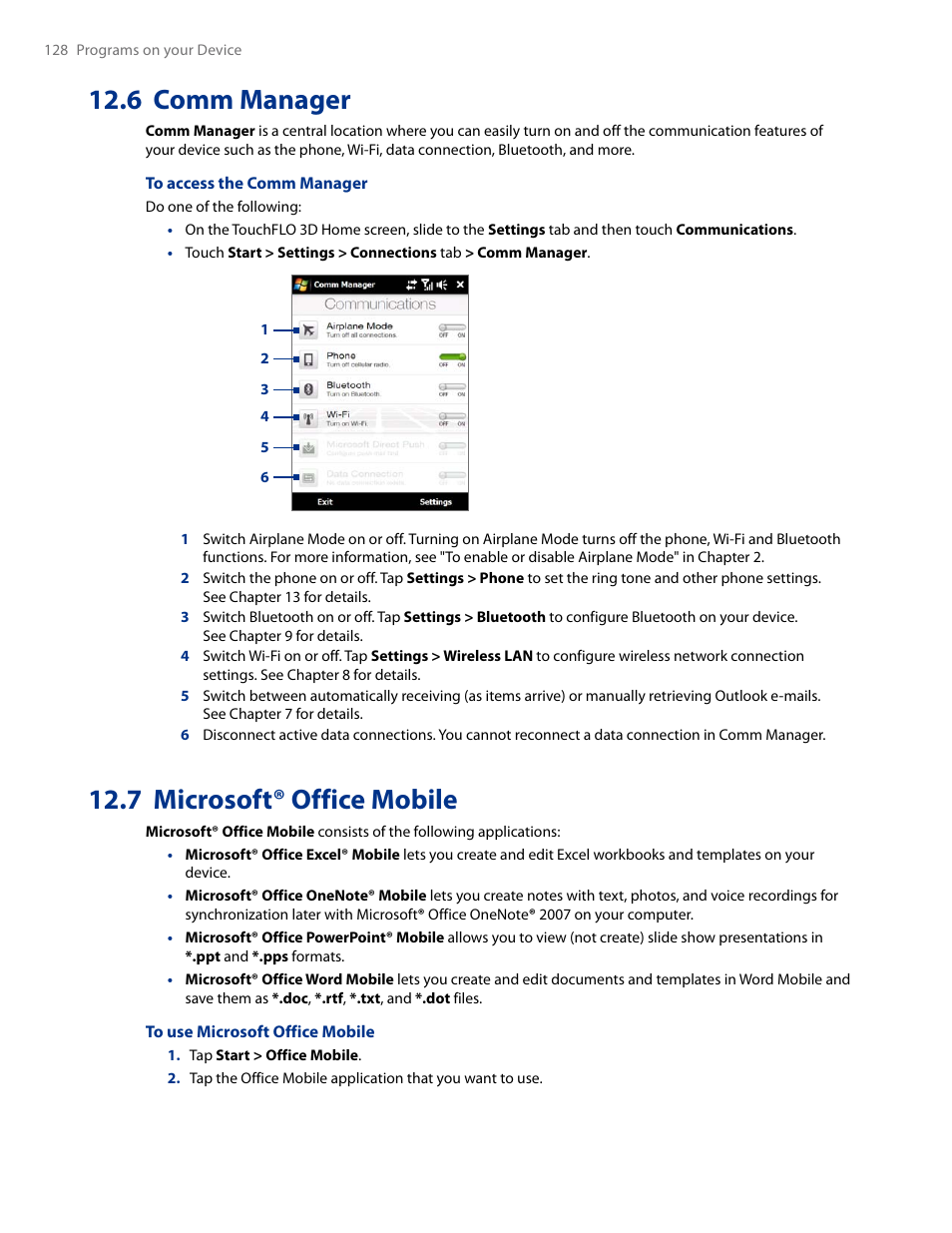 6 comm manager, 7 microsoft® office mobile, 6 comm manager 12.7 microsoft® office mobile | HTC AM171 User Manual | Page 128 / 158
