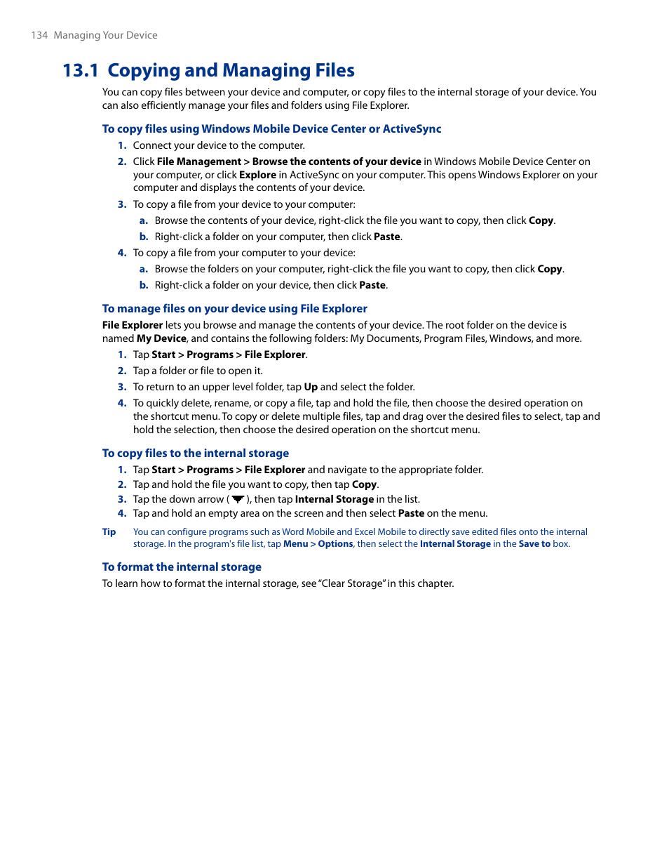 1 copying and managing files | HTC AM171 User Manual | Page 134 / 158