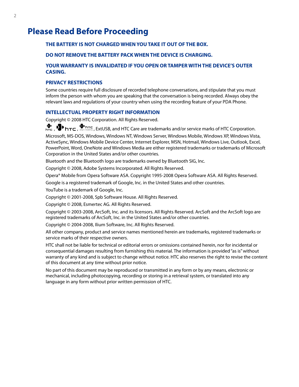 Please read before proceeding | HTC AM171 User Manual | Page 2 / 158