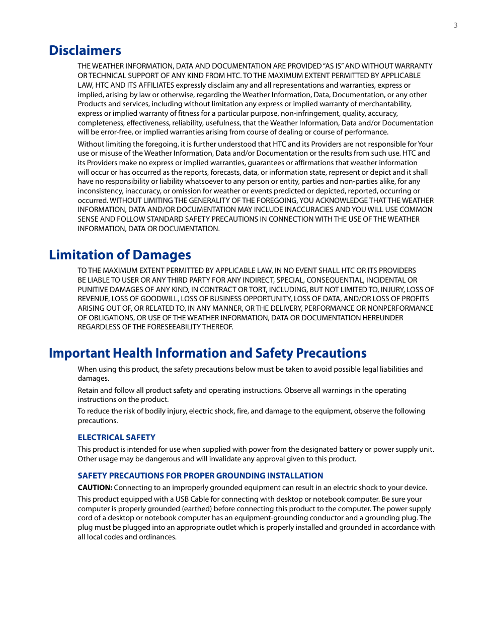 Disclaimers, Limitation of damages | HTC AM171 User Manual | Page 3 / 158