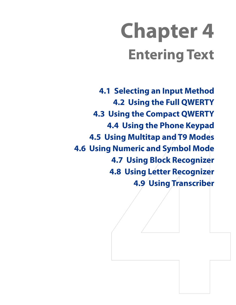 Chapter 4 entering text, Chapter 4, Entering text | HTC AM171 User Manual | Page 45 / 158