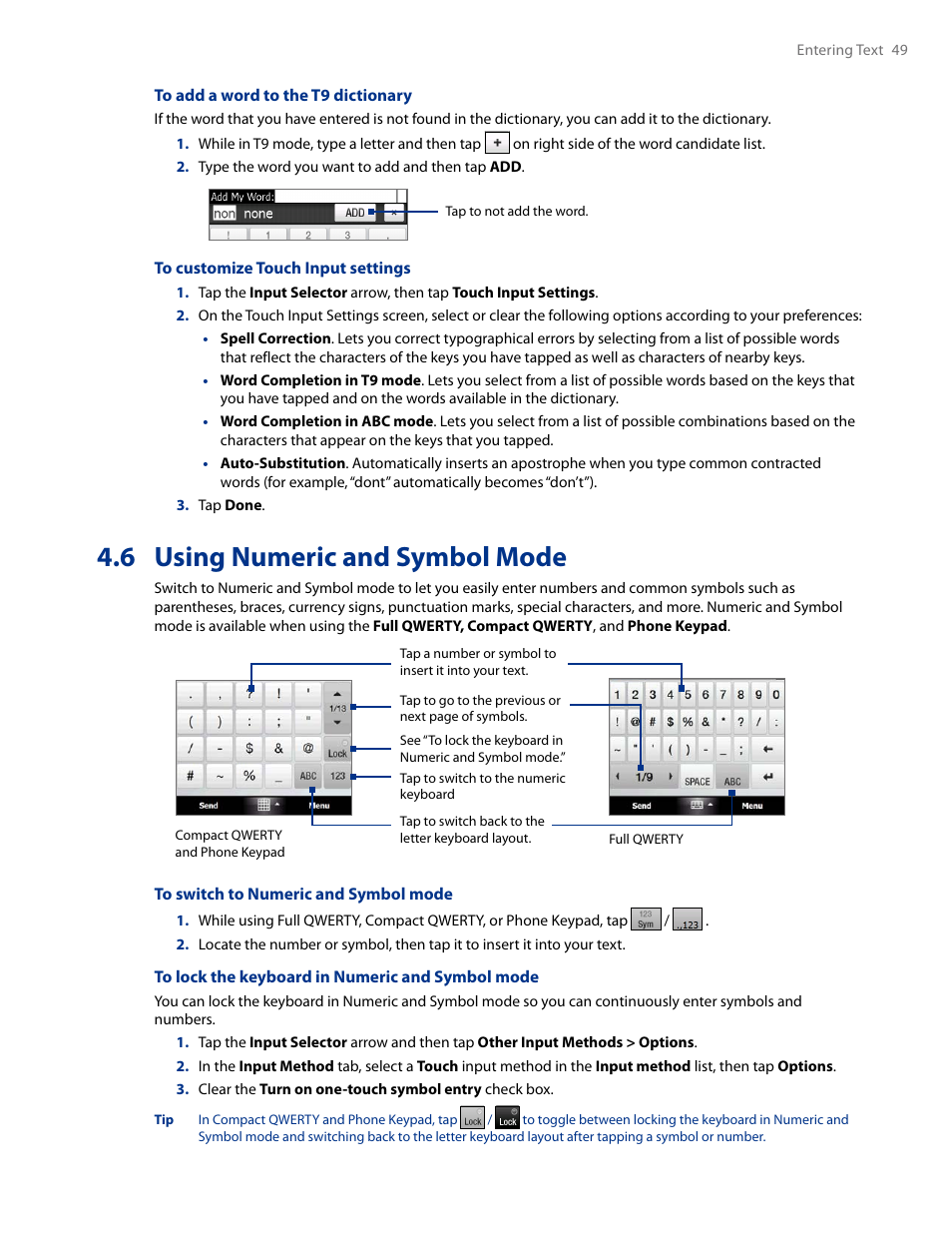 6 using numeric and symbol mode | HTC AM171 User Manual | Page 49 / 158