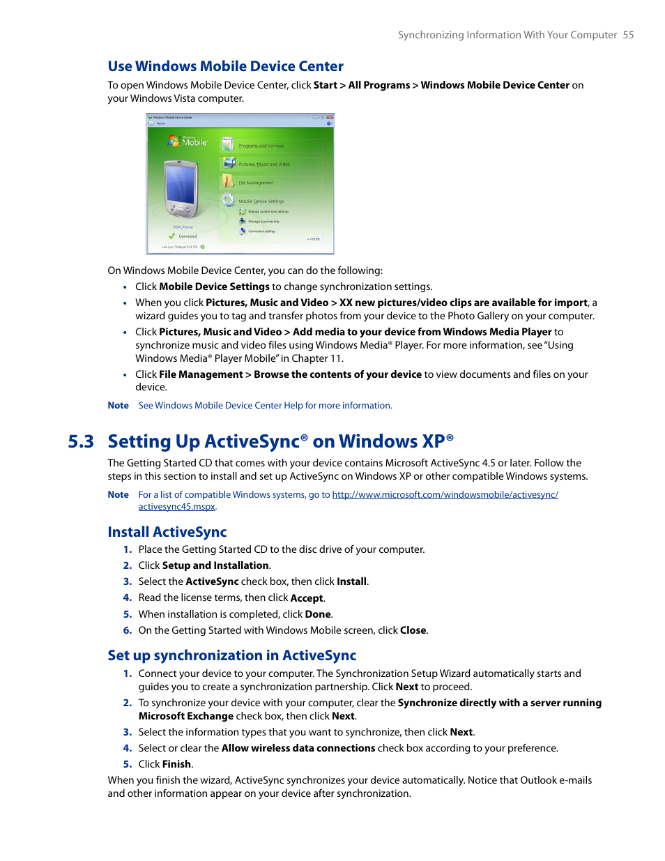 3 setting up activesync® on windows xp, Use windows mobile device center, Install activesync | Set up synchronization in activesync | HTC AM171 User Manual | Page 55 / 158