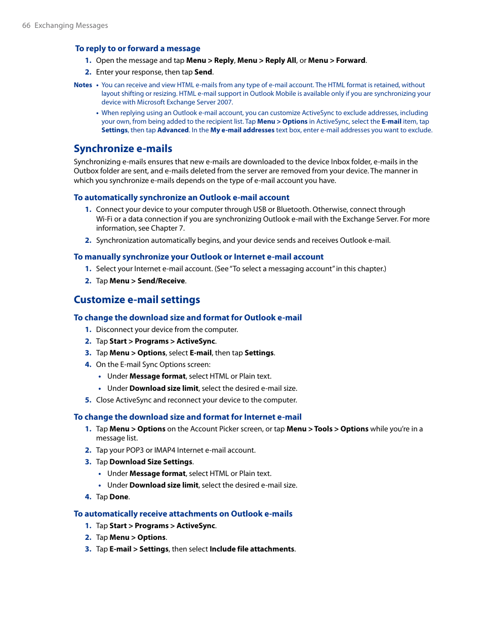 Synchronize e-mails customize e-mail settings, Synchronize e-mails, Customize e-mail settings | HTC AM171 User Manual | Page 66 / 158