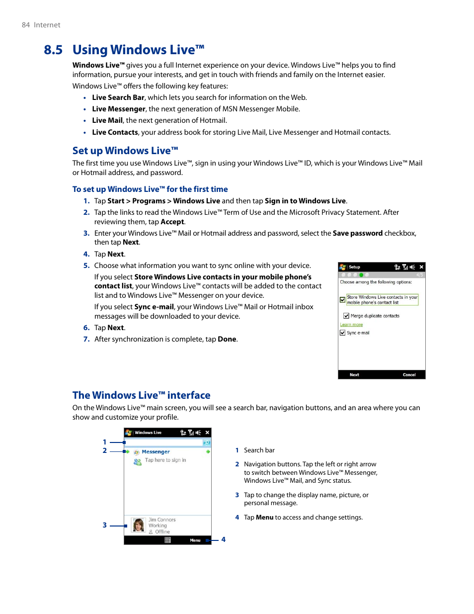 5 using windows live, Set up windows live™ the windows live™ interface, Set up windows live | The windows live™ interface | HTC AM171 User Manual | Page 84 / 158